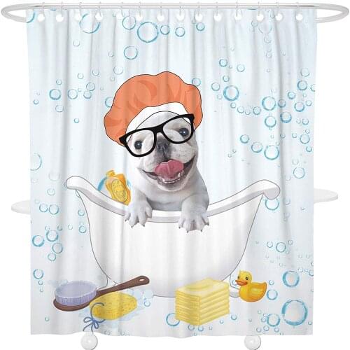 Dog Waterproof Polyester,French Bulldog Bathroom Curtain,Decorative Funny Animal Shower Curtain Liner with Hooks