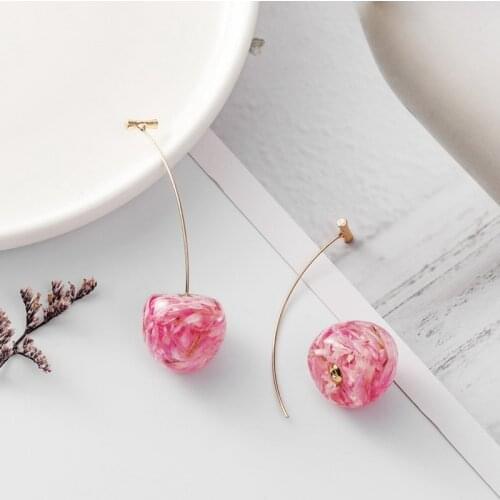 Japan Korean Shiny Side New Accessories Acrylic Cherry Beads Drop Earrings for Women Simple Style Real Flower Dangle Earrings