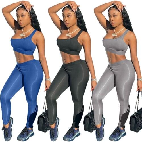 Echoine Women Sexy Solid One Shoulder Bandage Crop Top Skinny Pencil Legging Two Piece Set Tracksuit Activewear Club Outfits