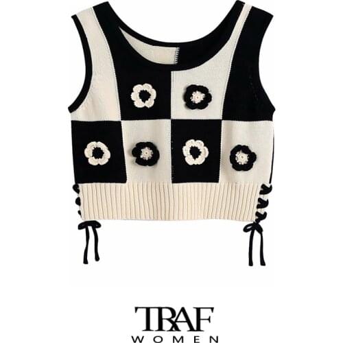 TRAF Za Women Fashion Floral-Shaped Crop Crochet Knit Vest Sweater Vintage Sleeveless Side Ties Female Waistcoat Chic Tops