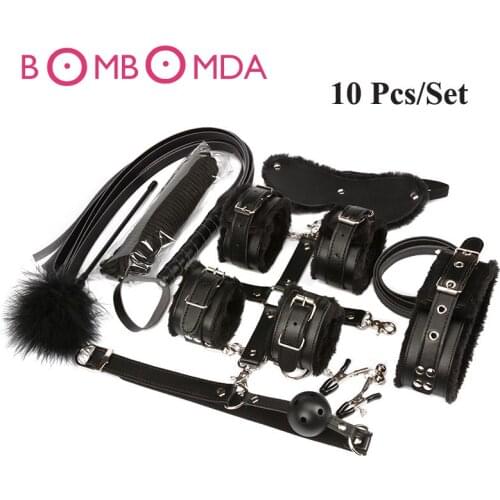 10Pcs Sex Bondage Kits Set Sex Toys Leather BDSM Slave Bondage Whip Handcuffs Mouth Gag Fetish Adult Games Sex Toys For Couples
