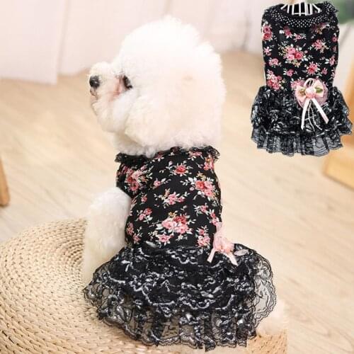 Black Floral Dress Lace Princess Tutu Shirt Clothes For Girls Summer Hoodie Vest Skirt For Small Medium Dogs Poodle XS,S,M,L,XL