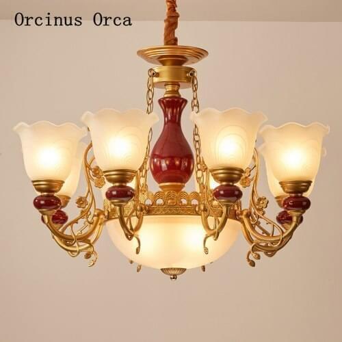 European Retro Red Ceramic chandelier living room dining room bedroom American simple golden glass chandelier