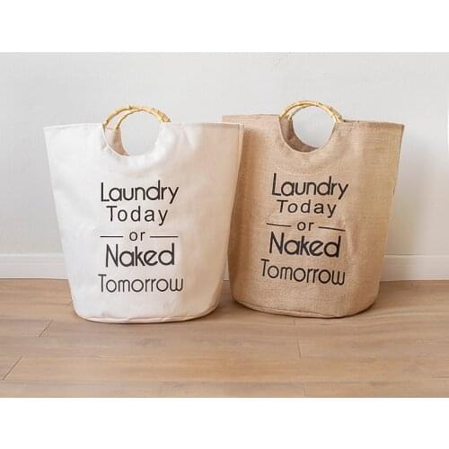 Contracted Style American Style Waterproof Laundry Basket with Bamboo Handle Which Made of Cotton Linen Blend or Jute Fabric