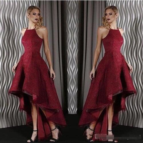 2019 Fashion High Quality Lace High Low Prom Dresses A Line Halter Neck Black White Evening Party prom gown Elegant prom dress