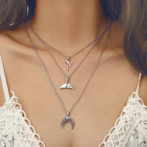 Multilayer Whale Tail Moon Necklaces & Pendants For Women Vintage Charm Stone Tree Choker NecklaceBohemian Jewelry Wholesale