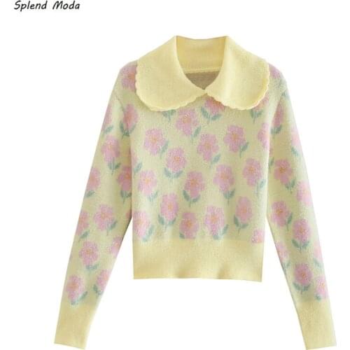Splend Moda Autumn Cottagecore Fashion Vintage Sweet Peter Pan Collar Flower Slim Knitted Short Sweater Women Pullover Female