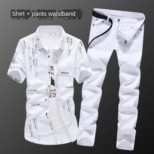 New Summer Mens Short Sleeve Cotton Blends T-shirt Long Jeans Pants Two Pieces Set Casual With One Belt Letters Pattern A25