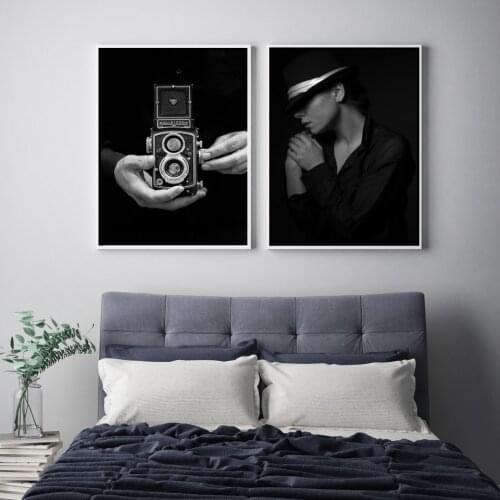 Retro Still Life Black White Camera Women Portrait Posters and Prints Fashion Modern Home Decoration Canvas Wall Art Living Room