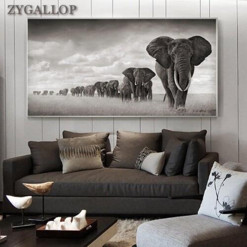 Herd of Elephants Picture Print Canvas Painting Wild Animals Wall Art Posters Black And White Art Pictures For Living Room Decor