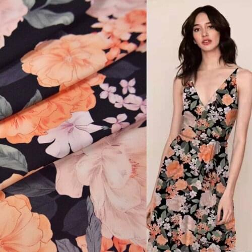 Rayon Chiffon Fabric Black Bottom Big Flower Printing Fashion Holiday Style Dress Shirt Womens Handmade DIY Fabric