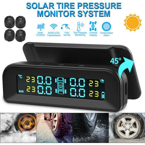 Solar Wireless USB TPMS Car Tire Pressure Monitor System HD LCD Display 4 External Sensor Tire Pressure Temperature Warning