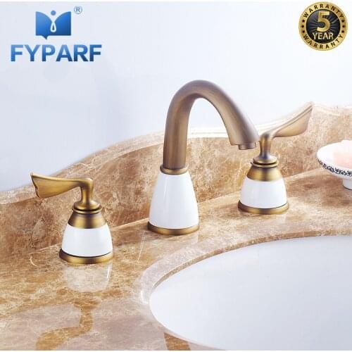 FYPARF Luxury 3 Piece Set Faucet Deck Mounted Sink Tap Antique Brass Bathroom Taps Basin Mixer Double Handle 3 Hole Basin Faucet