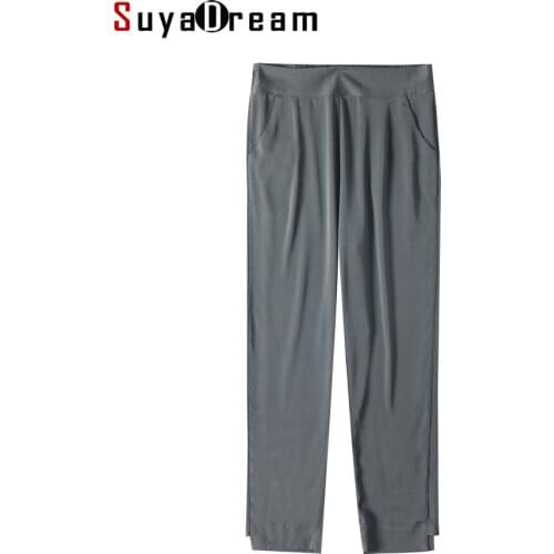 SUYADREAM Solid Straight Pants Women Real Silk Satin Office Ankle-Length High Waist Pants 2020 Summer Plus Size Elegant Trousers