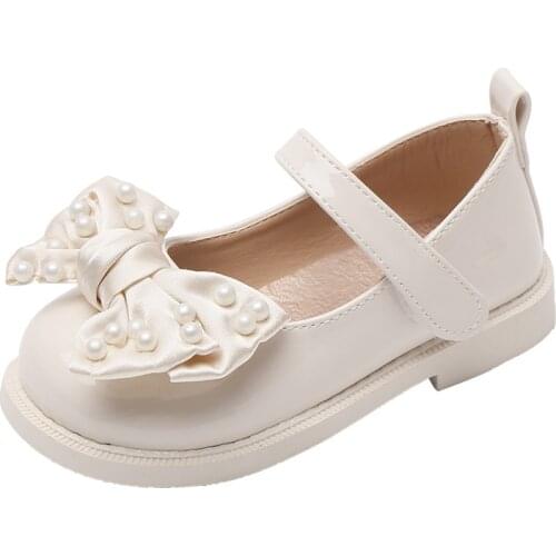 Black Leather Shoes Girls Summer Single Shoes 2021 Spring and Autumn New Childrens Soft Bottom Pearl Bow Princess Shoes Sweet