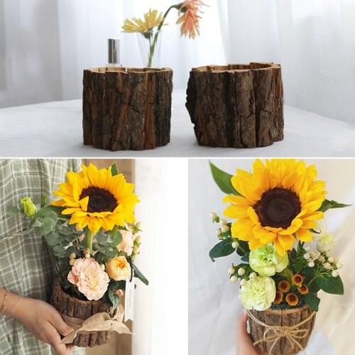 Vintage Round Table Decoration Plant Pot Style Wooden Desktop Flowerpots Fake Tree Bark Succulent Plants Creative Container