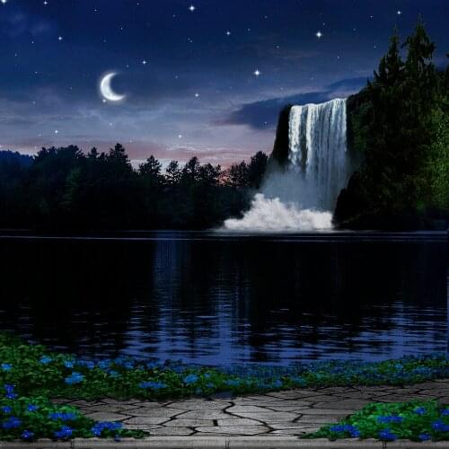 Enchanted Waterfall Rain Forest Night Sky Crescent Moon Forest tree backdrops Vinyl cloth Computer print party background