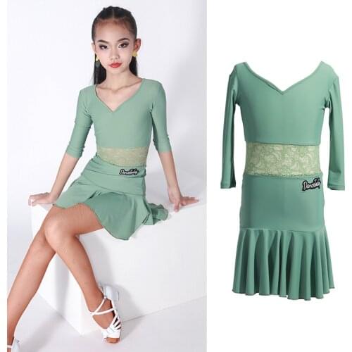Green Latin Dance Dress Girls Designer Clothes Lace Performance Costume Cha Cha Dress Tango Dance Wear Samba Dance Outfit JL3050