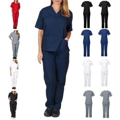 Women Men Workwear Short Sleeve V-neck Tops+Pants Nursing Working Uniform Suit Scrub Uniform Overalls Clothes