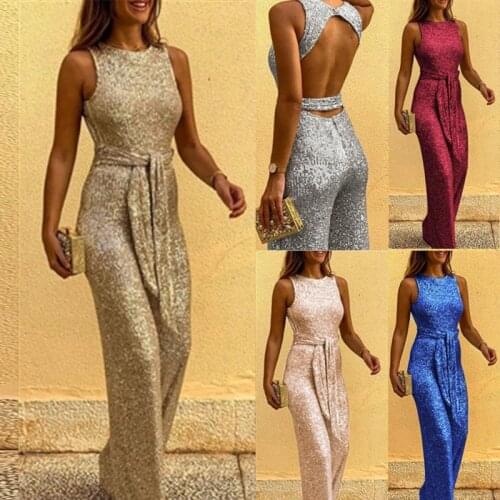 Womens Clothing Sleeveless Sexy Sequin Silver Dot Jumpsuit O-Neck Glitter