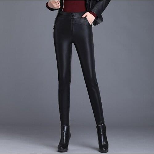 Women Pu Leather Pants High Waist Ladies Elastic Stretch Faux Leather Sexy Slim Pencil Pants Female Black Skinny Long Trousers