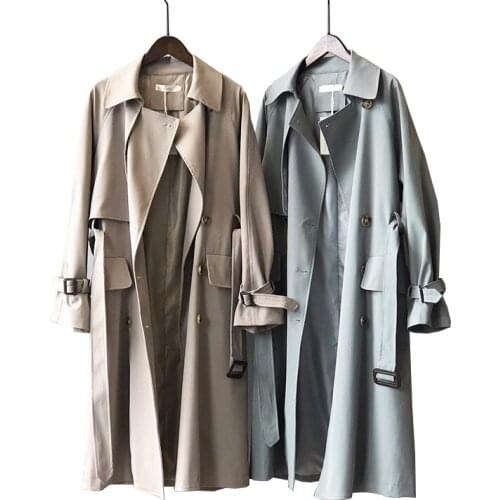 2020 Sleeve Turn Down Collar Double Breasted Women Long Trench Coat Femme Casaco Abrigo Streetwear