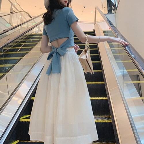 Skirt Set 2 Piece Bow Women Short Sleeve Bow Dress round neck and backless waist skirt set sexy Dress Sets Womens Clothing 2021