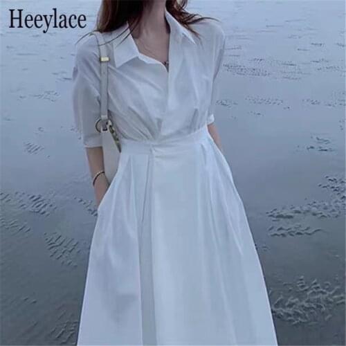 Women Summer Elegant Shirt Dress A Line Casual Female Solid Color Ladies Dresses Vestidos
