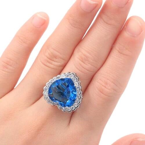 18x18mm Lovely Cute Created London Blue Topaz CZ Silver Ring for Women Fine Jewelry Eye Catching