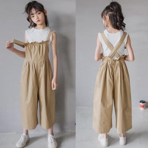 2021 New Spring Summer Girls Pants Long Jumpsuit For Kids Overalls Wide Leg Casual Kids Children Clothing 4-12 Years Old