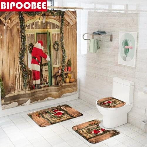 3D Santa Claus Delivers Gifts Pattern Bathroom Shower Curtain Wooden House Merry Christmas Bath Mat Toilet Cover Non-Slip Rugs