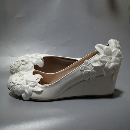 5CM white lace flowers wedding shoes woman wedges heel high quality ladies flower girls bridal wedding dinner proms dress shoe