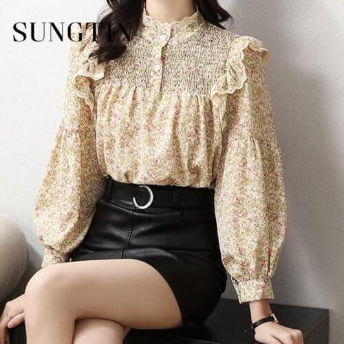 Sungtin Vintage Print Blouse Shirt Women long Sleeve flower Shirt Thin Loose Korean Oversized Casual Blouses Tops Ruffles 2021