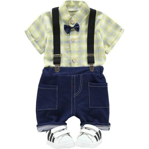 Summer Toddler Infant Clothes Suits Gentleman Style Baby Boys Clothing Sets lattice bow Shirt cowboy Bib pants Kids Costume