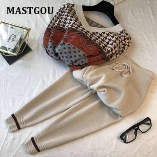 MASTGOU Two Piece Set Women Houndstooth Tracksuits V Neck Women Pullover Sweater + Harem Pants Suits Two Piece Set Women Outfits