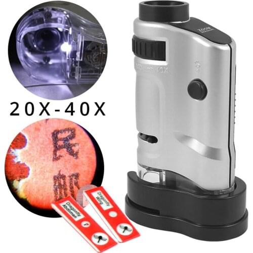 Mini Microscope Handheld Portable Microscope with LED Light 20X-40X Zoom Magnification Pocket Microscope Magnifier Loupe Glass