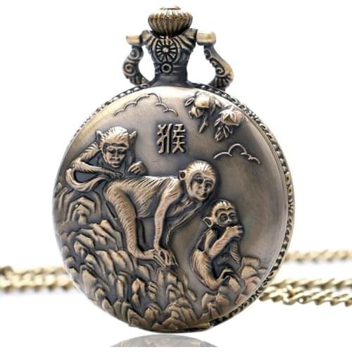 Fashion Bronze Vintage Pocket Watch Necklace Chain Pendent Monkey Antique Quartz FOB Watches Mens relogio de bolso Drop Shipping