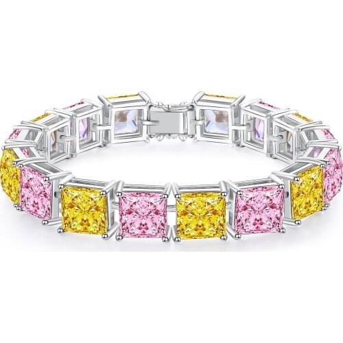 Fashion Tennis Bracelet 925 Sterling Silver Bangles with 16pcs/48.0ct Simulated Fancy Pink Yellow Diamond Fine Jewelry