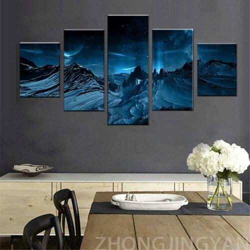 Canvas Painting Framework Pictures 5 Panel Winter Mountain Peak Landscape Wall Modular Poster For Living Kids Room Decoration