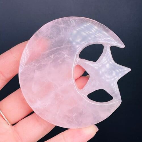 New!!! Natural Rose Quartz Carved Moon Shape Crystal Five Point Pentagram Figurine Chakra