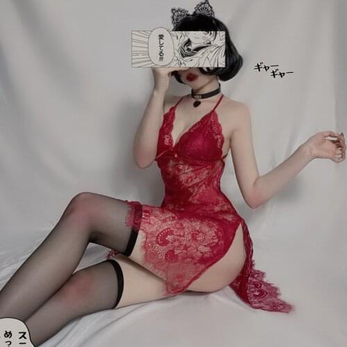 New sexy lingerie female lace suspender skirt lace night skirt uniform temptation hollow cheongsam waist pajamas