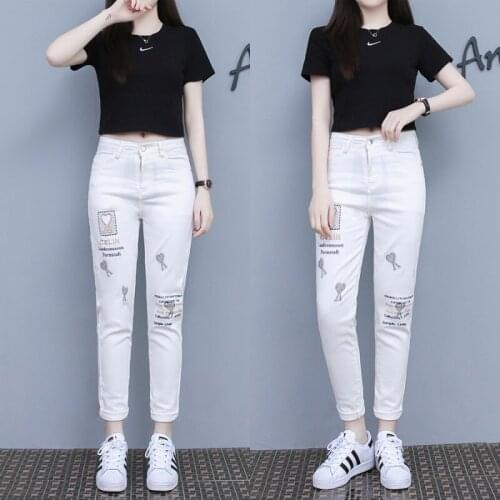 New European Trend Summer Thin Letter Embroidery Print Jeans Women Hot Rhinestone Cotton Elastic Harem Pants Pantalones De Mujer