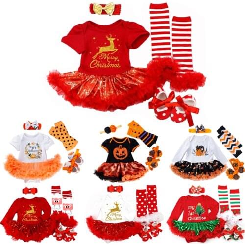 NEW Princess Dress Newborn Baby Girl Clothes My First Christmas Baby Clothes Infant Bodysuit Lace 4Pcs Childrens Clothing Suit
