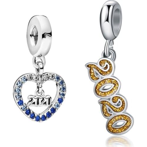 New Original Bead Alloy Brown Crystal 2020 New Year Dangle Charm Fit Bracelet Bangle DIY Women Jewelry