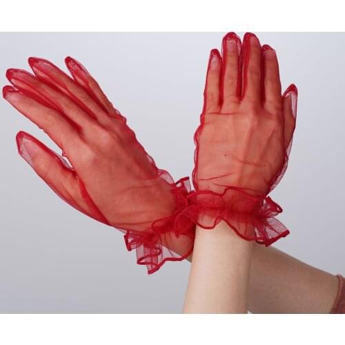 Women Full Finger Party Dance Mittens Lotus Leaf Etiquette Gloves Sexy Tulle Mesh Sheer Short Glove Elegant Bride Wedding Mitts