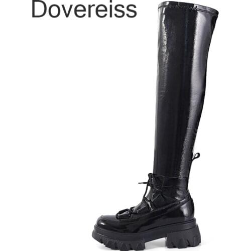 Dovereiss Fashion Genuine Leather Cross Tied Winter Sexy Zipper Platform Goth Punk Zipper Matin Boots Over The Knee Boots