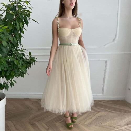 Light Yellow Sweet Graduation Dresses Beadings Spaghetti Strap Tulle A-Line Sleeveless Ankle Length Girls Party Homecoming Gowns