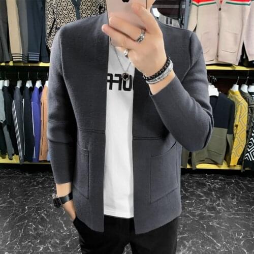 Autumn Winter New V Neck Mens Sweater Striped Simple Front Pockets Slim Fit Casual Knitted Cardigan Men Jackets Streetwear Sale