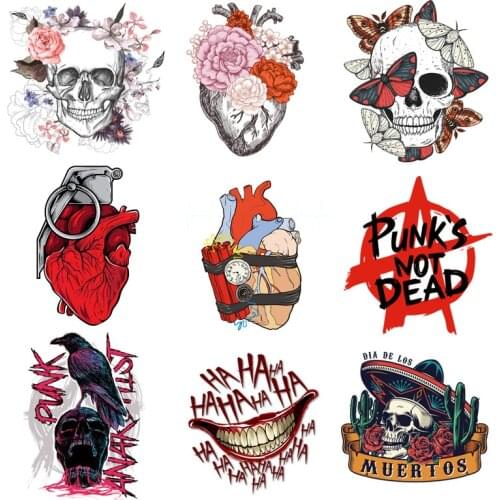 DIY Heart Heat Transfer Skull Patch Iron On Transfer For Clothing Punk Thermo Sticker For Clothes Mouth Thermal Punk’s Not Dead