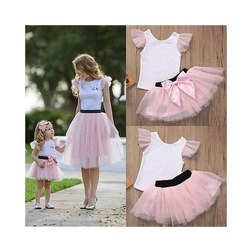 2pcs Mom Daughter Clothes Women Girls Short Sleeve T-shirt Short Bow Knot Tutu Skirt Summer Matching Trendy Outfits